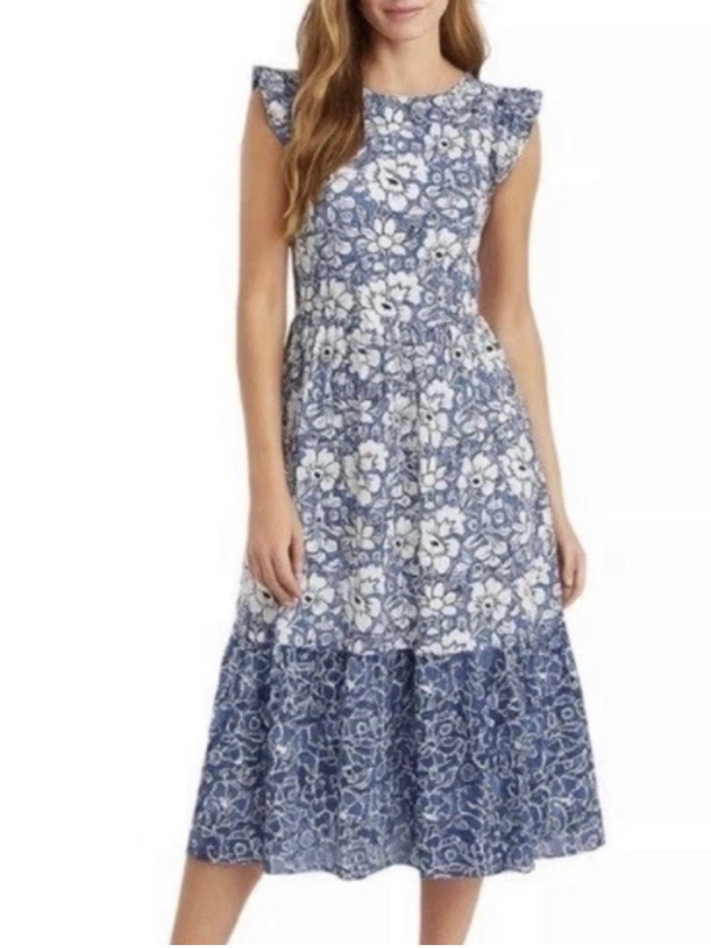 J. CREW WOMENS BLUE WHITE FLORAL TIERED MIDI DRESS 2 CA214